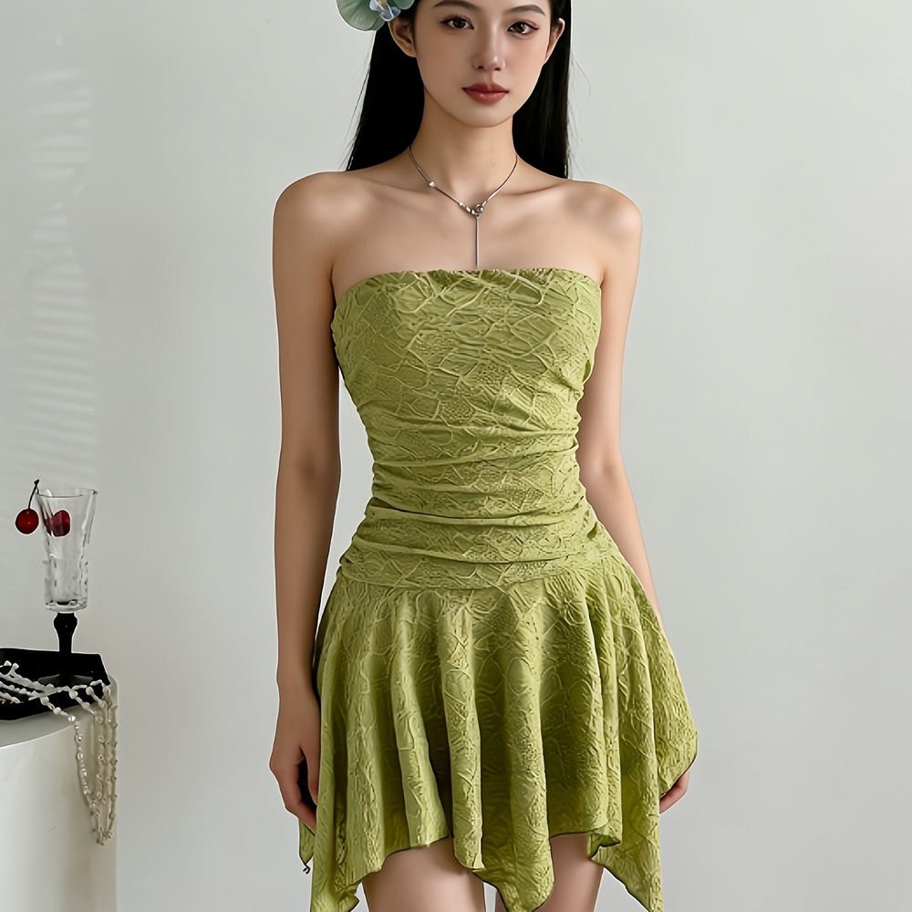Shein Women Large Lime Green Ruched Handkerchief Hem Tube Top Strapless Textured
